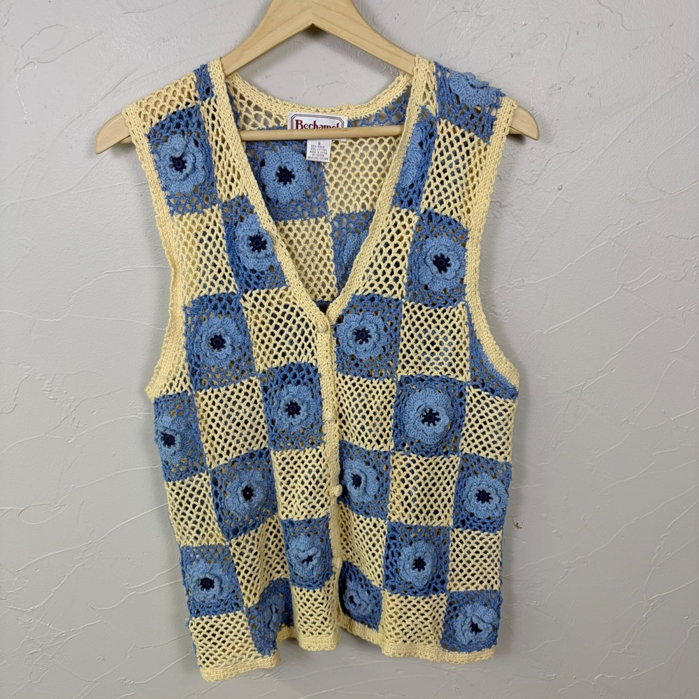 Vintage Bechamel Crochet Vest Granny Squares Women Small Blue Cottagecore